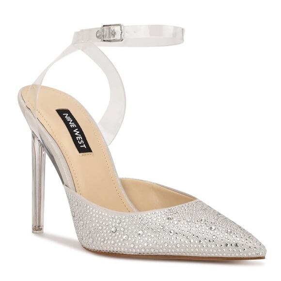 Nine West Women's Rhinestone Clear Ankle Strap/Heel Sparkel Stiletto Heel sz 7.5 - Picture 1 of 9